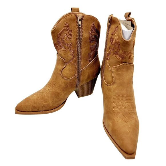 Womens Western Style Tan Ankle Boots With Embroidery & Block Heel Size 7 - Picture 4 of 11